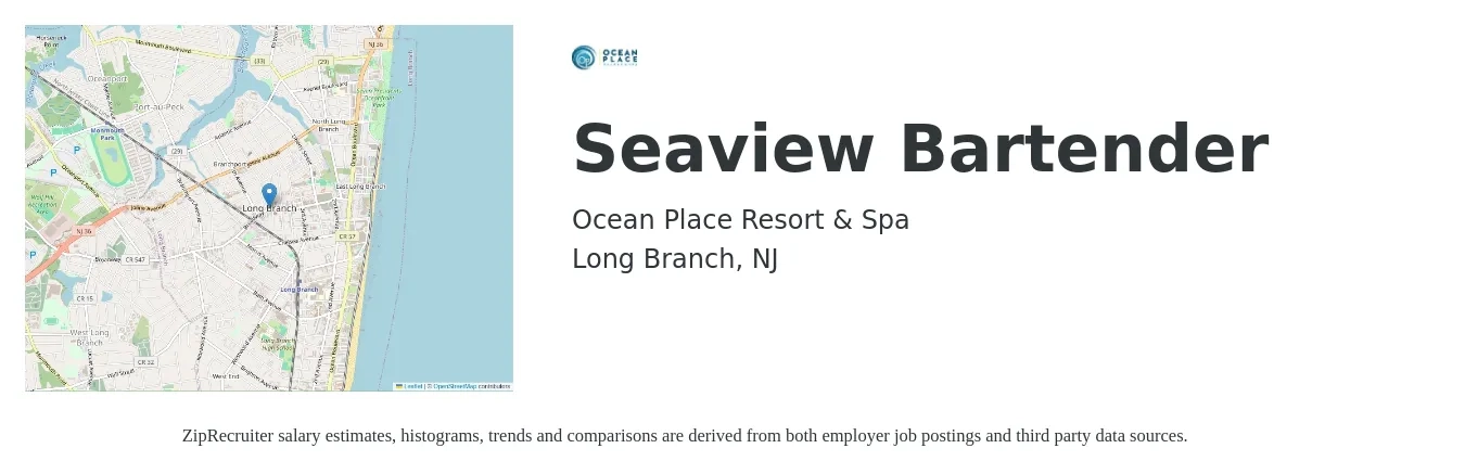Ocean Place Resort & Spa job posting for a Seaview Bartender in Long Branch, NJ with a salary of $10 to $18 Hourly with a map of Long Branch location.