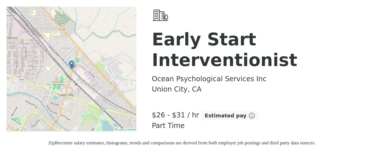 Ocean Psychological Services Inc job posting for a Early Start Interventionist in Union City, CA with a salary of $28 to $33 Hourly with a map of Union City location.