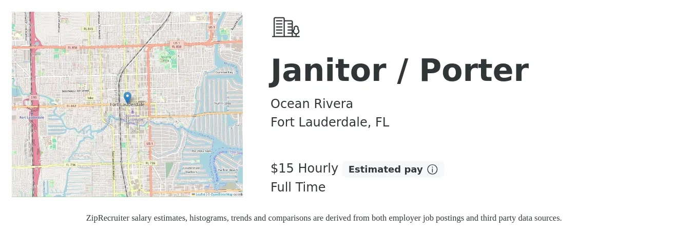 Ocean Rivera job posting for a Janitor / Porter in Fort Lauderdale, FL with a salary of $16 Hourly with a map of Fort Lauderdale location.