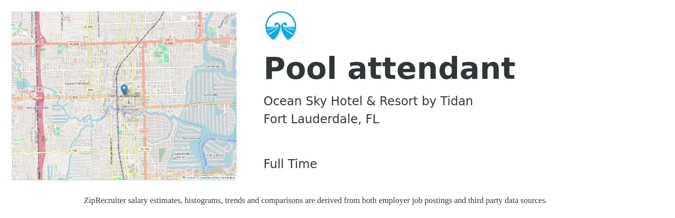 Ocean Sky Hotel & Resort by Tidan job posting for a Pool attendant in Fort Lauderdale, FL with a salary of $12 to $16 Hourly with a map of Fort Lauderdale location.