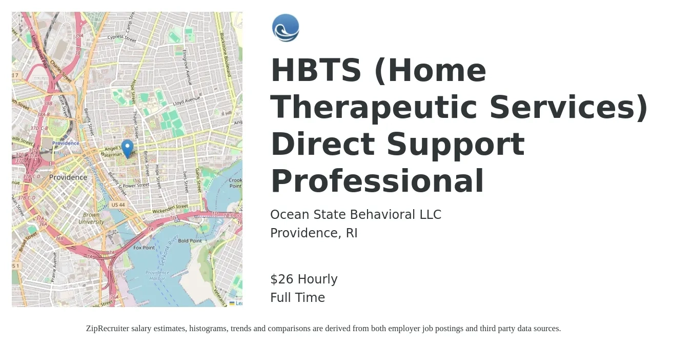 Ocean State Behavioral LLC job posting for a HBTS (Home Therapeutic Services) Direct Support Professional in Providence, RI with a salary of $28 Hourly with a map of Providence location.