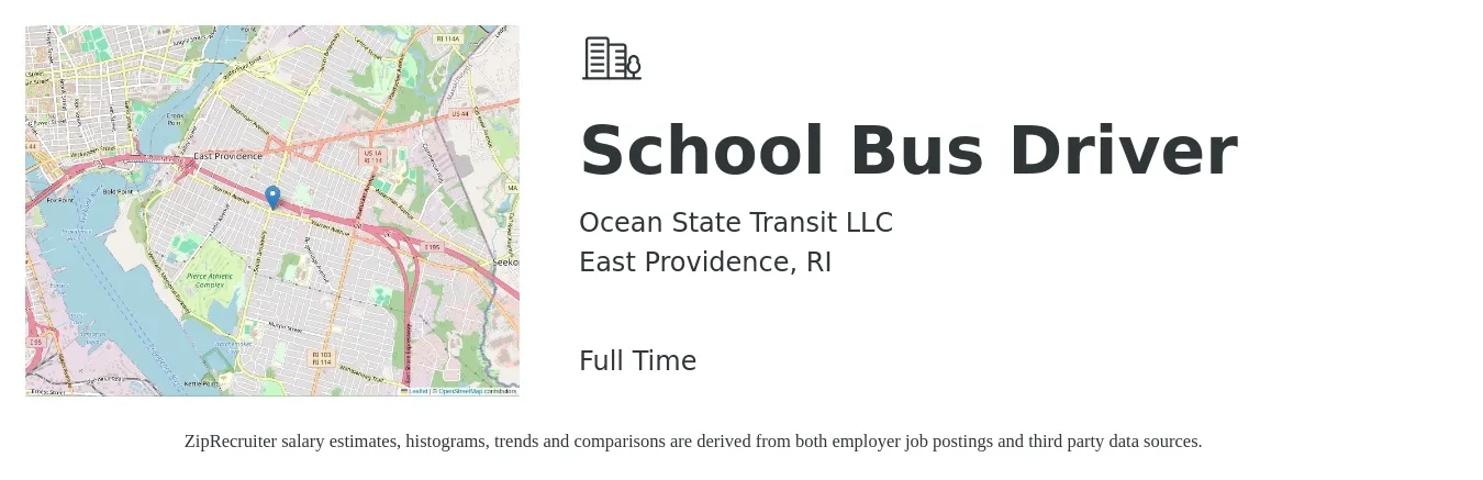 Ocean State Transit LLC job posting for a School Bus Driver in East Providence, RI with a salary of $18 to $26 Hourly with a map of East Providence location.