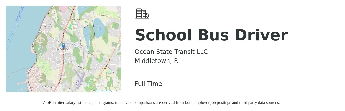 Ocean State Transit LLC job posting for a School Bus Driver in Middletown, RI with a salary of $18 to $25 Hourly with a map of Middletown location.