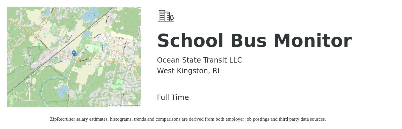 Ocean State Transit LLC job posting for a School Bus Monitor in West Kingston, RI with a salary of $14 to $17 Hourly with a map of West Kingston location.