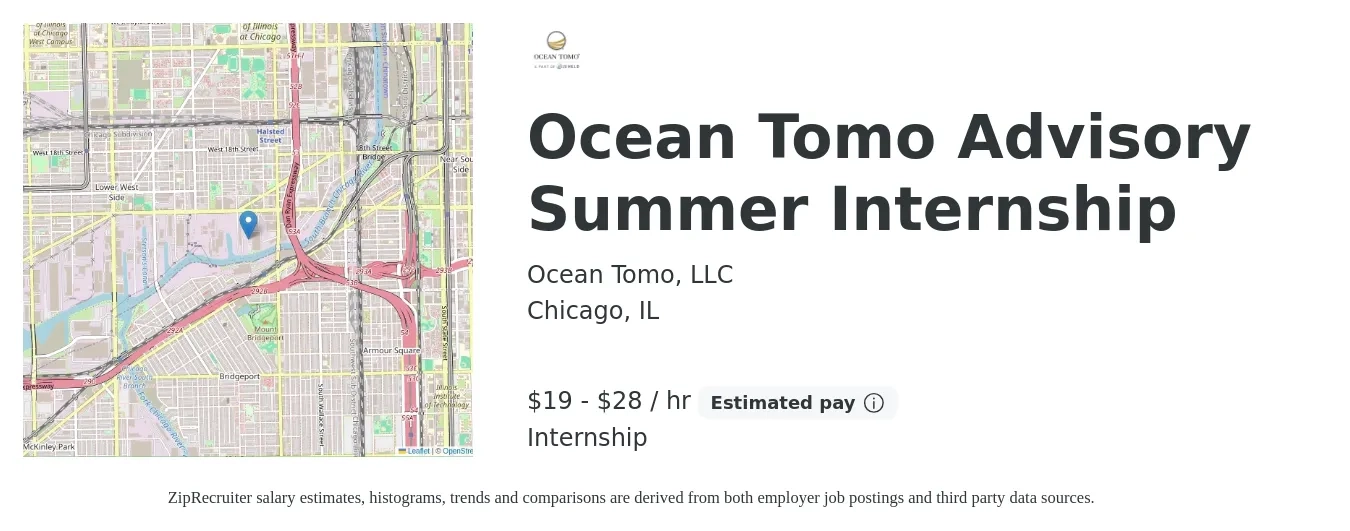 Ocean Tomo, LLC job posting for a Ocean Tomo Advisory Summer Internship in Chicago, IL with a salary of $20 to $30 Hourly with a map of Chicago location.