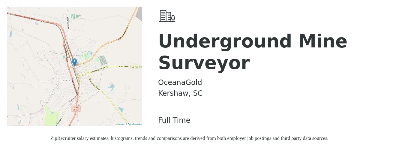 OceanaGold job posting for a Underground Mine Surveyor in Kershaw, SC with a salary of $45,200 to $69,200 Yearly with a map of Kershaw location.