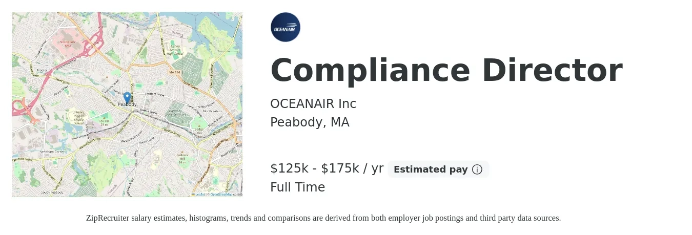 OCEANAIR Inc job posting for a Compliance Director in Peabody, MA with a salary of $125,000 to $175,000 Yearly with a map of Peabody location.