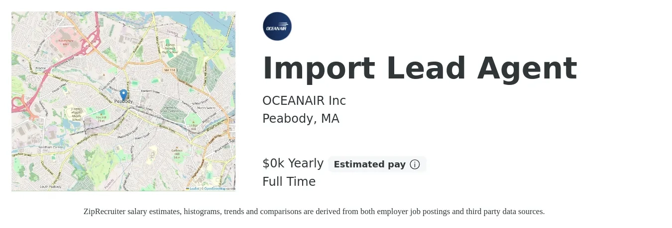 OCEANAIR Inc job posting for a Import Lead Agent in Peabody, MA with a salary of $26 to $34 Yearly with a map of Peabody location.