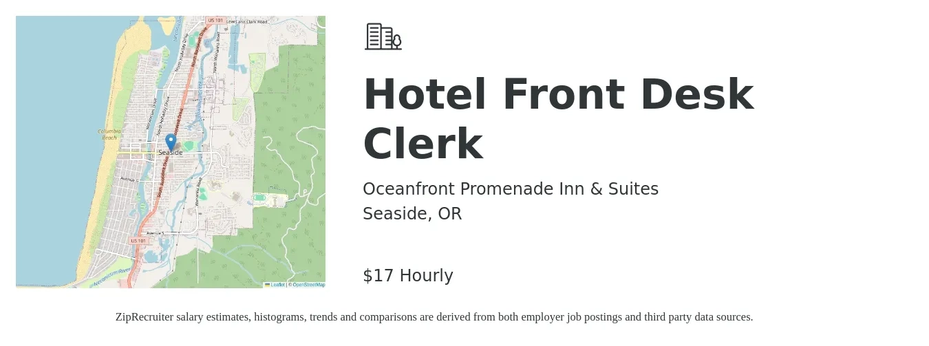 Oceanfront Promenade Inn & Suites job posting for a Hotel Front Desk Clerk in Seaside, OR with a salary of $18 to $18 Hourly with a map of Seaside location.