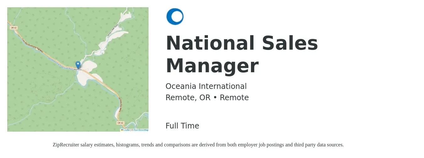 Oceania International job posting for a National Sales Manager in Remote, OR with a salary of $78,000 Yearly with a map of Remote location.