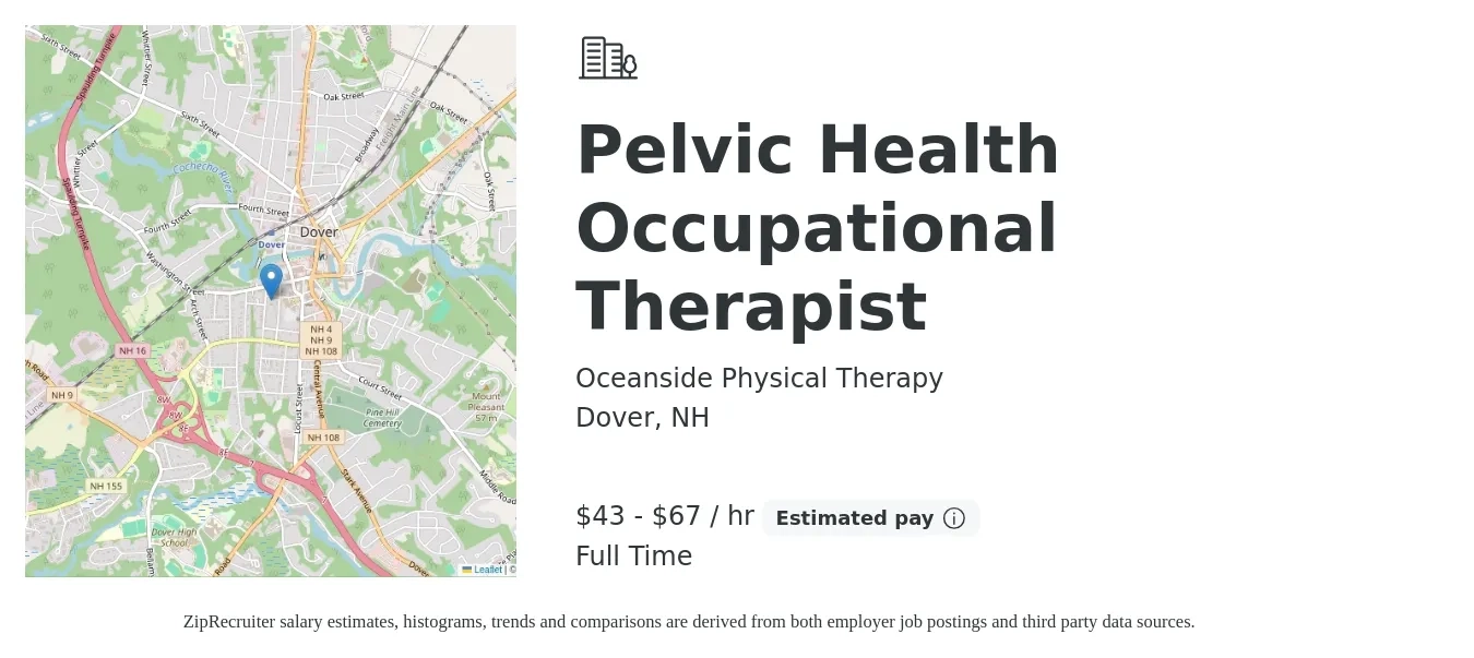 Oceanside Physical Therapy job posting for a Pelvic Health Occupational Therapist in Dover, NH with a salary of $45 to $70 Hourly with a map of Dover location.