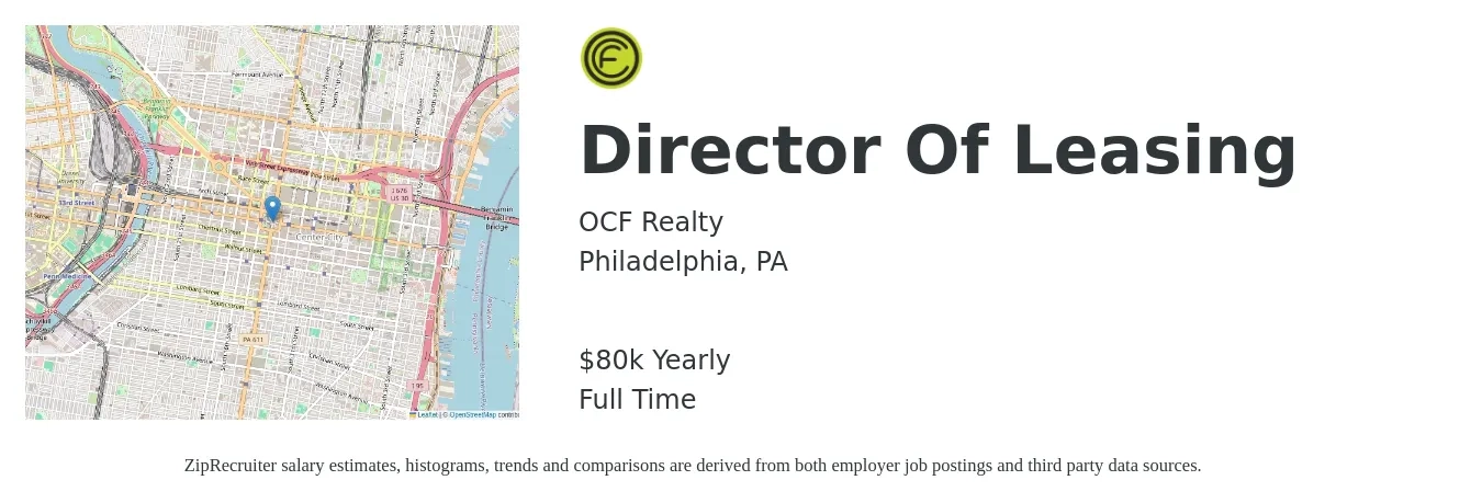 OCF Realty job posting for a Director Of Leasing in Philadelphia, PA with a salary of $75,000 to $80,000 Yearly with a map of Philadelphia location.