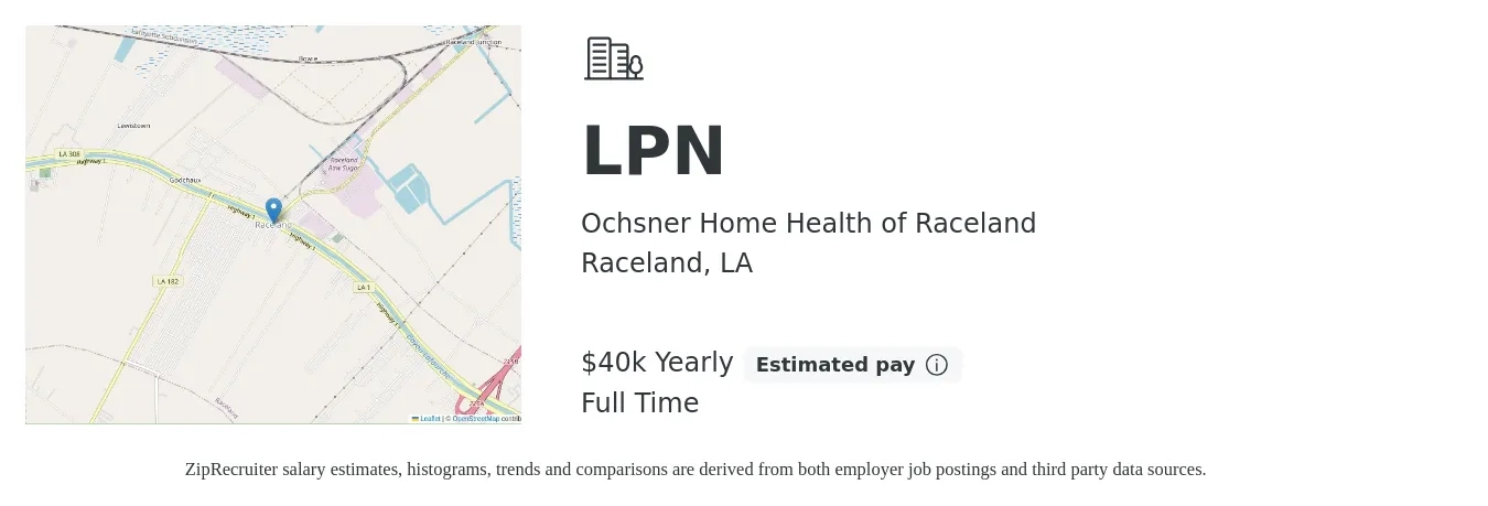 Ochsner Home Health of Raceland job posting for a LPN in Raceland, LA with a salary of $40,000 Yearly with a map of Raceland location.