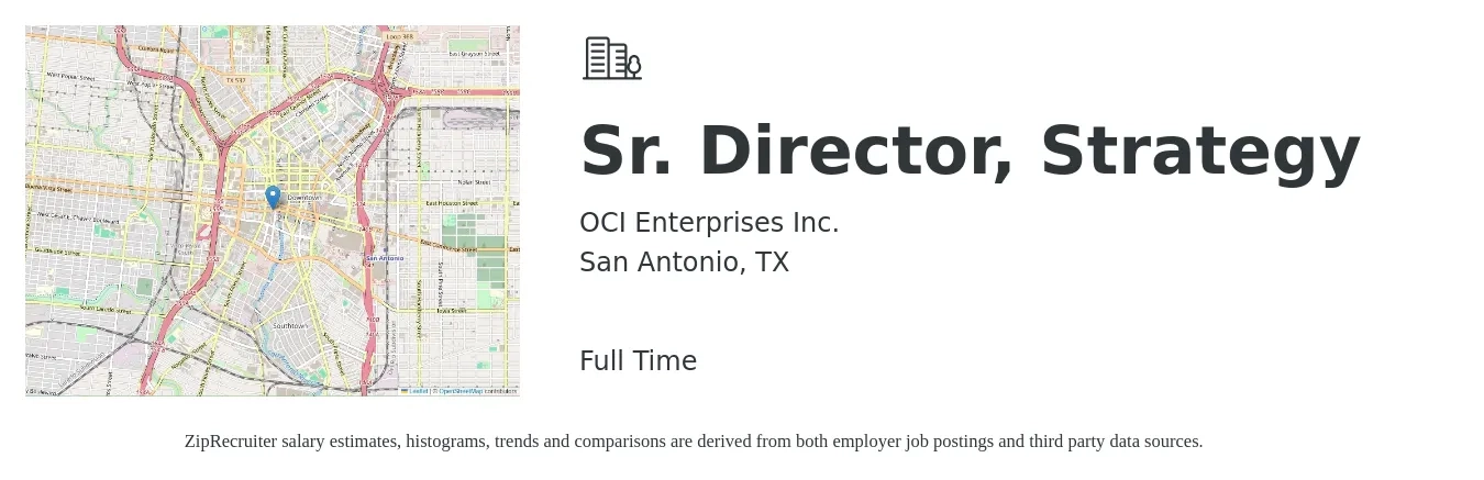OCI Enterprises Inc. job posting for a Sr. Director, Strategy in San Antonio, TX with a salary of $106,000 to $130,800 Yearly with a map of San Antonio location.