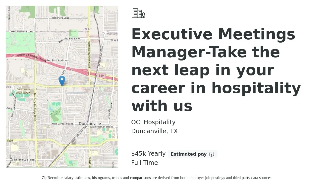 OCI Hospitality job posting for a Executive Meetings Manager-Take the next leap in your career in hospitality with us in Duncanville, TX with a salary of $40,000 Yearly with a map of Duncanville location.
