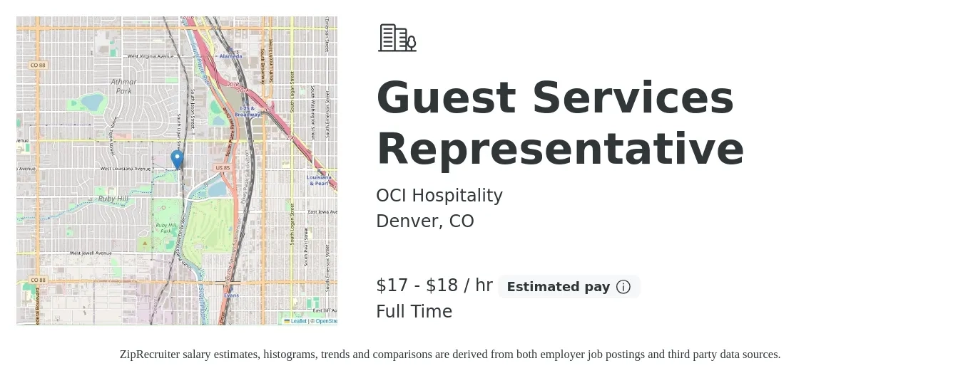 OCI Hospitality job posting for a Guest Services Representative in Denver, CO with a salary of $16 to $18 Hourly with a map of Denver location.