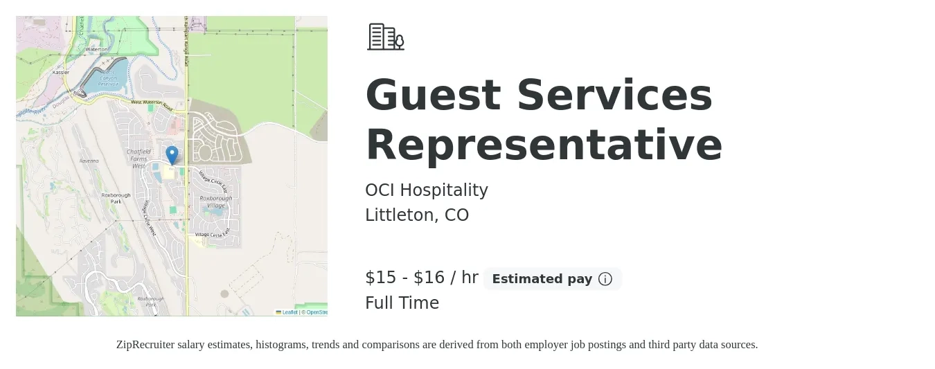 OCI Hospitality job posting for a Guest Services Representative in Littleton, CO with a salary of $16 to $17 Hourly with a map of Littleton location.