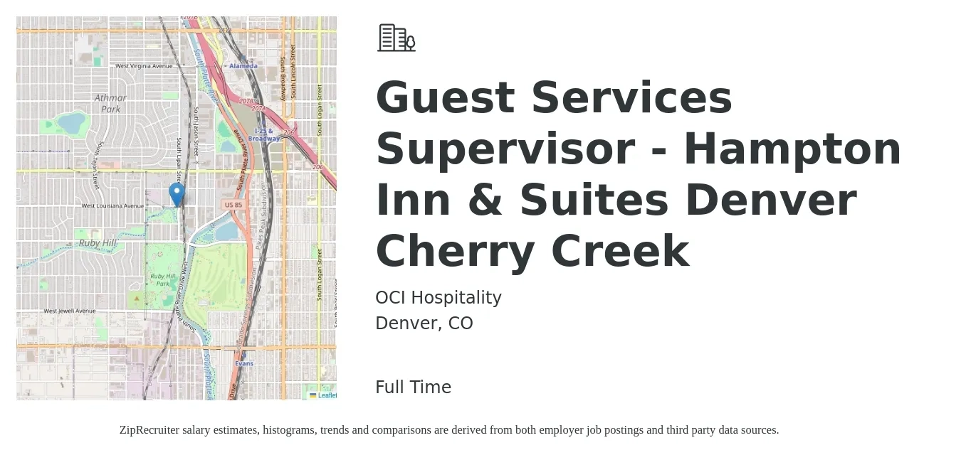 OCI Hospitality job posting for a Guest Services Supervisor - Hampton Inn & Suites Denver Cherry Creek in Denver, CO with a salary of $20 to $21 Hourly with a map of Denver location.