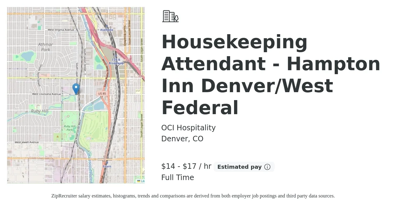 OCI Hospitality job posting for a Housekeeping Attendant - Hampton Inn Denver/West Federal in Denver, CO with a salary of $16 to $18 Hourly with a map of Denver location.