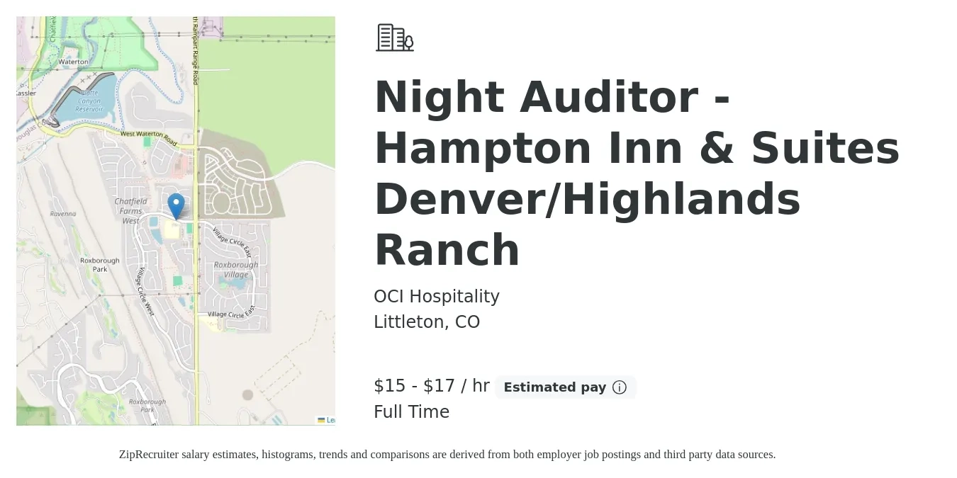 OCI Hospitality job posting for a Night Auditor - Hampton Inn & Suites Denver/Highlands Ranch in Littleton, CO with a salary of $16 to $18 Hourly with a map of Littleton location.
