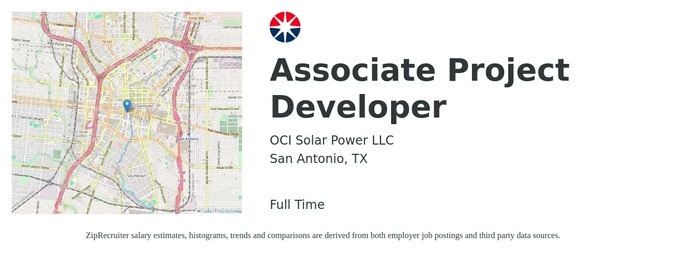 OCI Solar Power LLC job posting for a Associate Project Developer in San Antonio, TX with a salary of $19 to $33 Hourly with a map of San Antonio location.