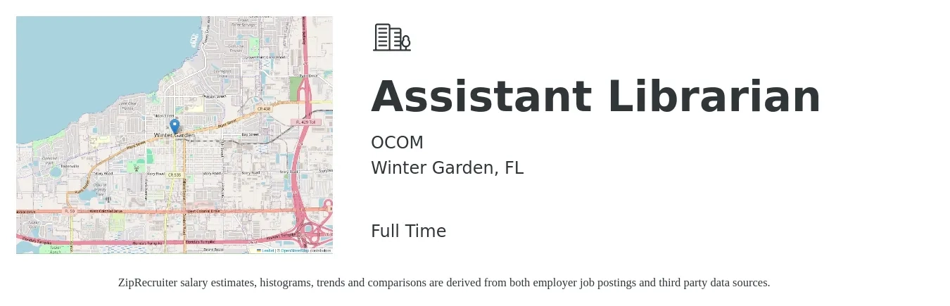 OCOM job posting for a Assistant Librarian in Winter Garden, FL with a salary of $55,000 Yearly with a map of Winter Garden location.
