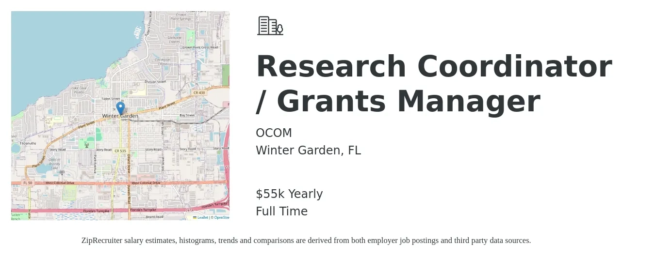 OCOM job posting for a Research Coordinator / Grants Manager in Winter Garden, FL with a salary of $55,000 Yearly with a map of Winter Garden location.