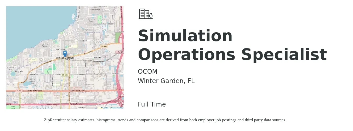 OCOM job posting for a Simulation Operations Specialist in Winter Garden, FL with a salary of $42,400 to $72,000 Yearly with a map of Winter Garden location.