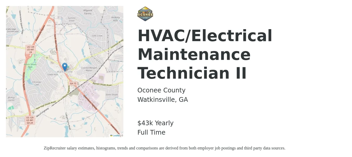 Oconee County job posting for a HVAC/Electrical Maintenance Technician II in Watkinsville, GA with a salary of $43,995 Yearly with a map of Watkinsville location.
