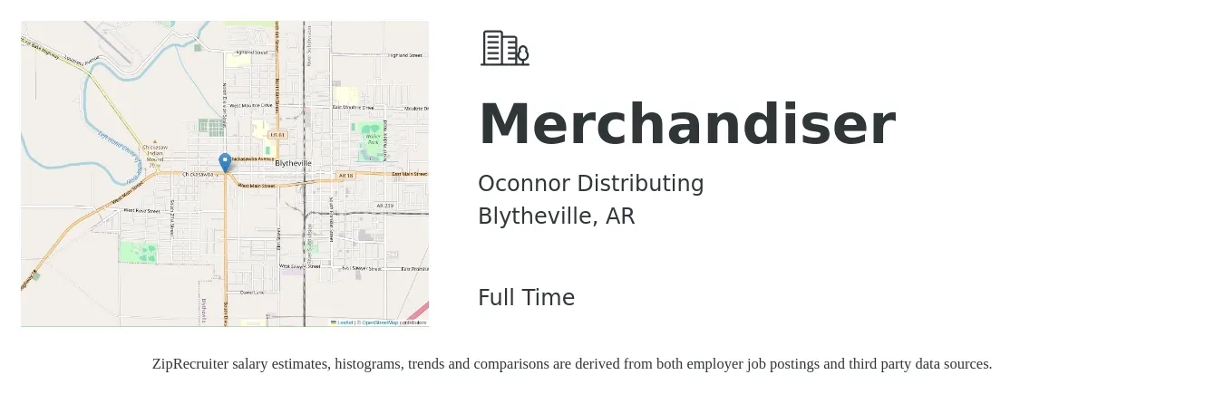 Oconnor Distributing job posting for a Merchandiser in Blytheville, AR with a salary of $15 to $18 Hourly with a map of Blytheville location.