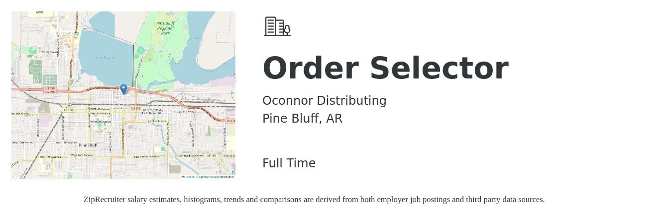 Oconnor Distributing job posting for a Order Selector in Pine Bluff, AR with a salary of $15 to $18 Hourly with a map of Pine Bluff location.