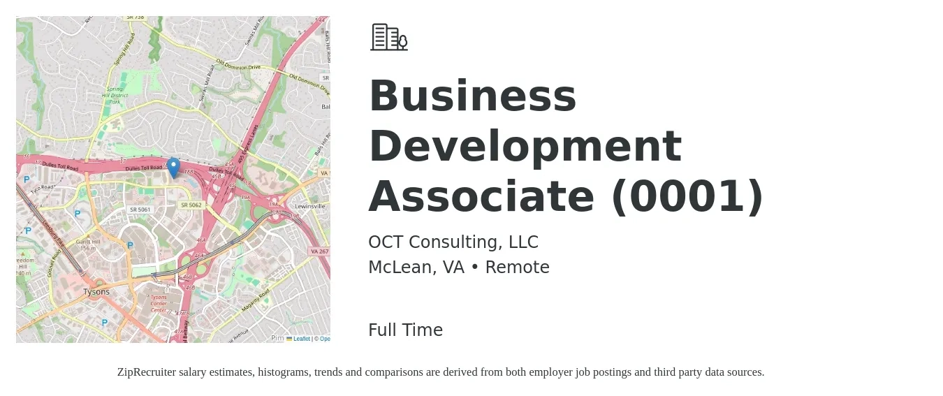 OCT Consulting, LLC job posting for a Business Development Associate (0001) in McLean, VA with a salary of $45,000 to $61,700 Yearly with a map of McLean location.