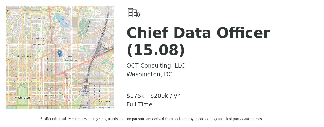 OCT Consulting, LLC job posting for a Chief Data Officer (15.08) in Washington, DC with a salary of $175,000 to $200,000 Yearly with a map of Washington location.