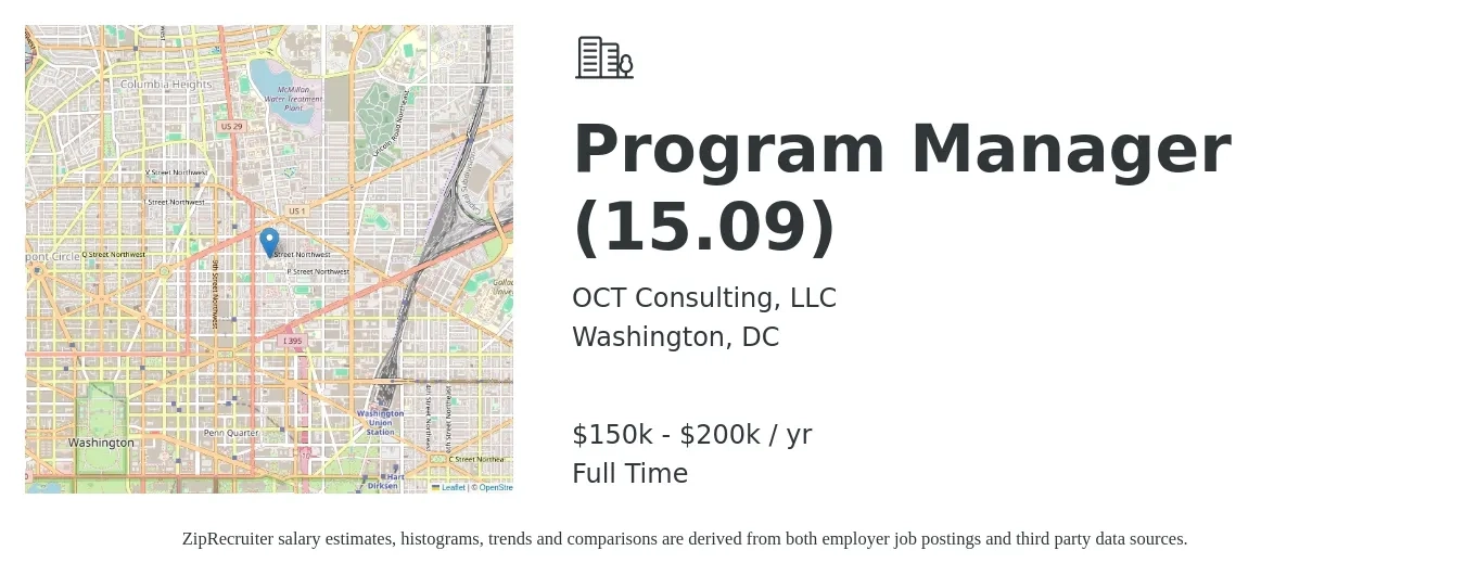 OCT Consulting, LLC job posting for a Program Manager (15.09) in Washington, DC with a salary of $150,000 to $200,000 Yearly with a map of Washington location.
