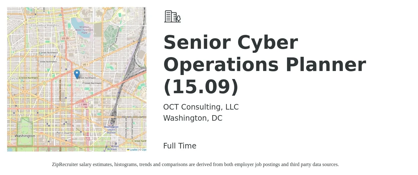 OCT Consulting, LLC job posting for a Senior Cyber Operations Planner (15.09) in Washington, DC with a salary of $150,000 to $200,000 Yearly with a map of Washington location.