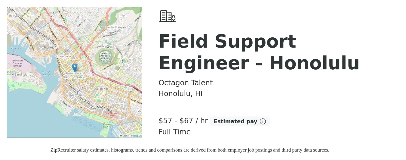 Octagon Talent job posting for a Field Support Engineer - Honolulu in Honolulu, HI with a salary of $60 to $70 Hourly with a map of Honolulu location.