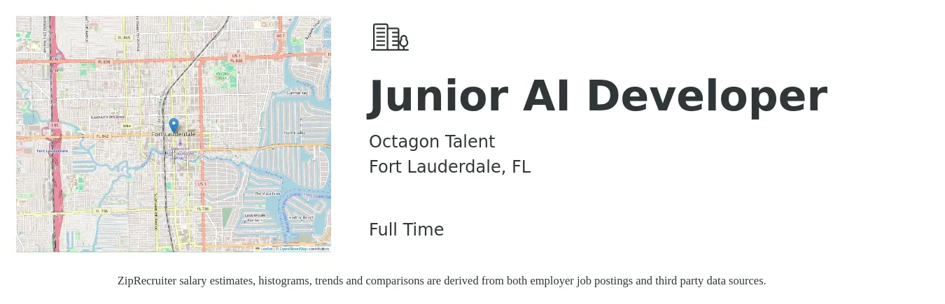 Octagon Talent job posting for a Junior AI Developer in Fort Lauderdale, FL with a salary of $63,800 to $82,900 Yearly with a map of Fort Lauderdale location.