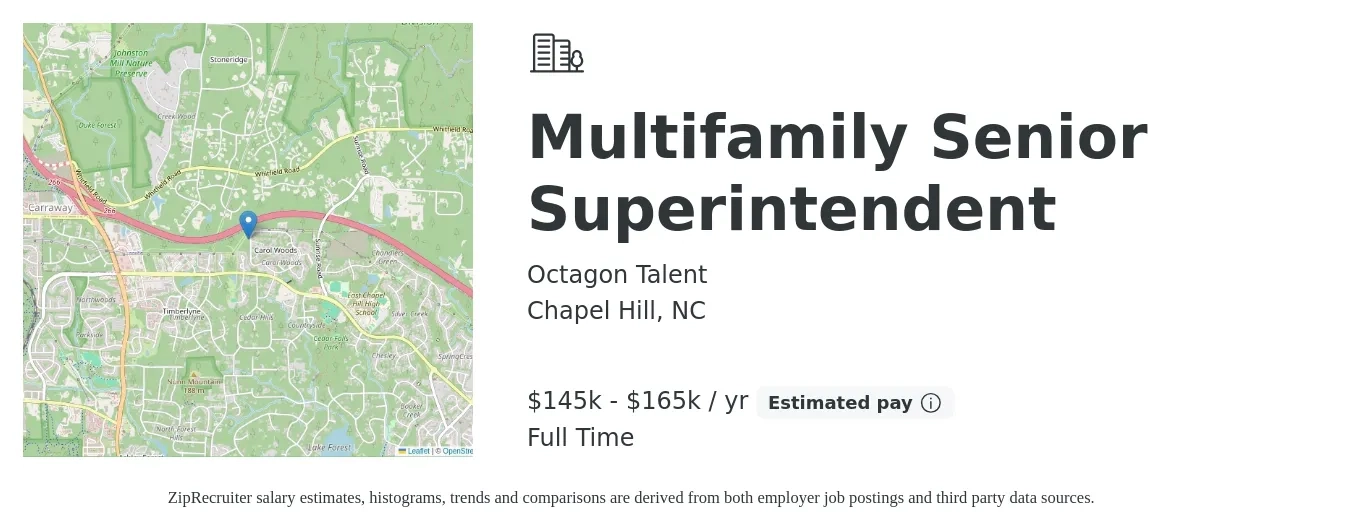 Octagon Talent job posting for a Multifamily Senior Superintendent in Chapel Hill, NC with a salary of $145,000 to $165,000 Yearly with a map of Chapel Hill location.
