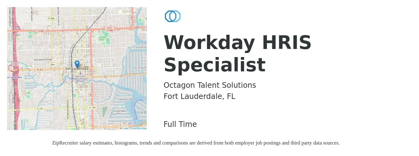 Octagon Talent Solutions job posting for a Workday HRIS Specialist in Fort Lauderdale, FL with a salary of $52,100 to $73,600 Yearly with a map of Fort Lauderdale location.