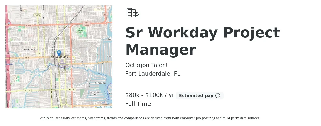 Octagon Talent job posting for a Sr Workday Project Manager in Fort Lauderdale, FL with a salary of $80,000 to $100,000 Yearly with a map of Fort Lauderdale location.