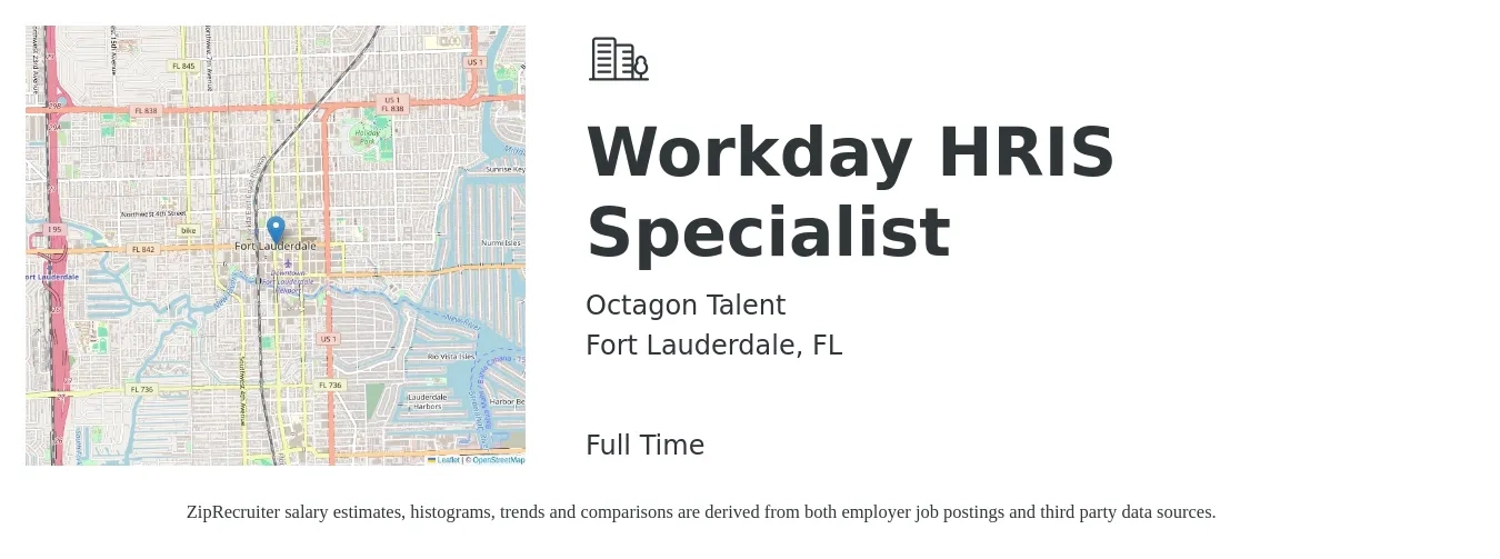 Octagon Talent job posting for a Workday HRIS Specialist in Fort Lauderdale, FL with a salary of $51,900 to $73,400 Yearly with a map of Fort Lauderdale location.