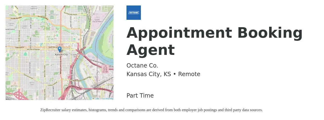 Octane Co. job posting for a Appointment Booking Agent in Kansas City, KS with a salary of $32,800 to $49,200 Yearly with a map of Kansas City location.