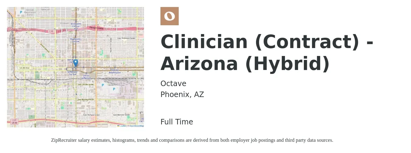 Octave job posting for a Clinician (Contract) - Arizona (Hybrid) in Phoenix, AZ with a salary of $54,100 to $71,500 Yearly with a map of Phoenix location.
