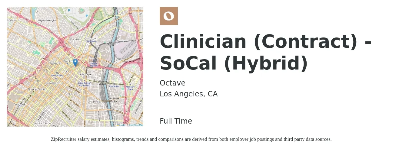 Octave job posting for a Clinician (Contract) - SoCal (Hybrid) in Los Angeles, CA with a salary of $58,700 to $77,600 Yearly with a map of Los Angeles location.
