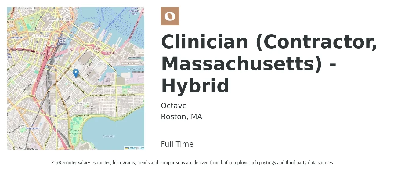 Octave job posting for a Clinician (Contractor, Massachusetts) - Hybrid in Boston, MA with a salary of $59,200 to $78,200 Yearly with a map of Boston location.
