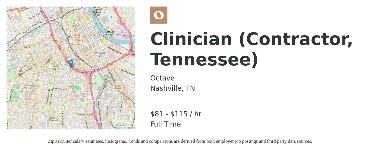 Octave job posting for a Clinician (Contractor, Tennessee) in Nashville, TN with a salary of $85 to $120 Hourly with a map of Nashville location.