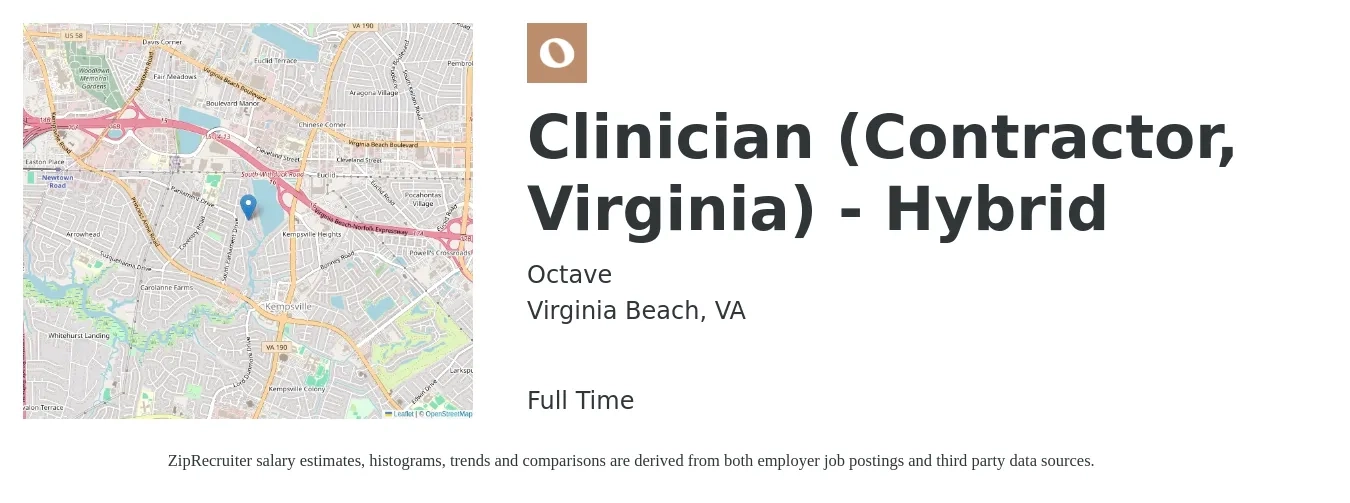 Octave job posting for a Clinician (Contractor, Virginia) - Hybrid in Virginia Beach, VA with a salary of $51,700 to $68,300 Yearly with a map of Virginia Beach location.