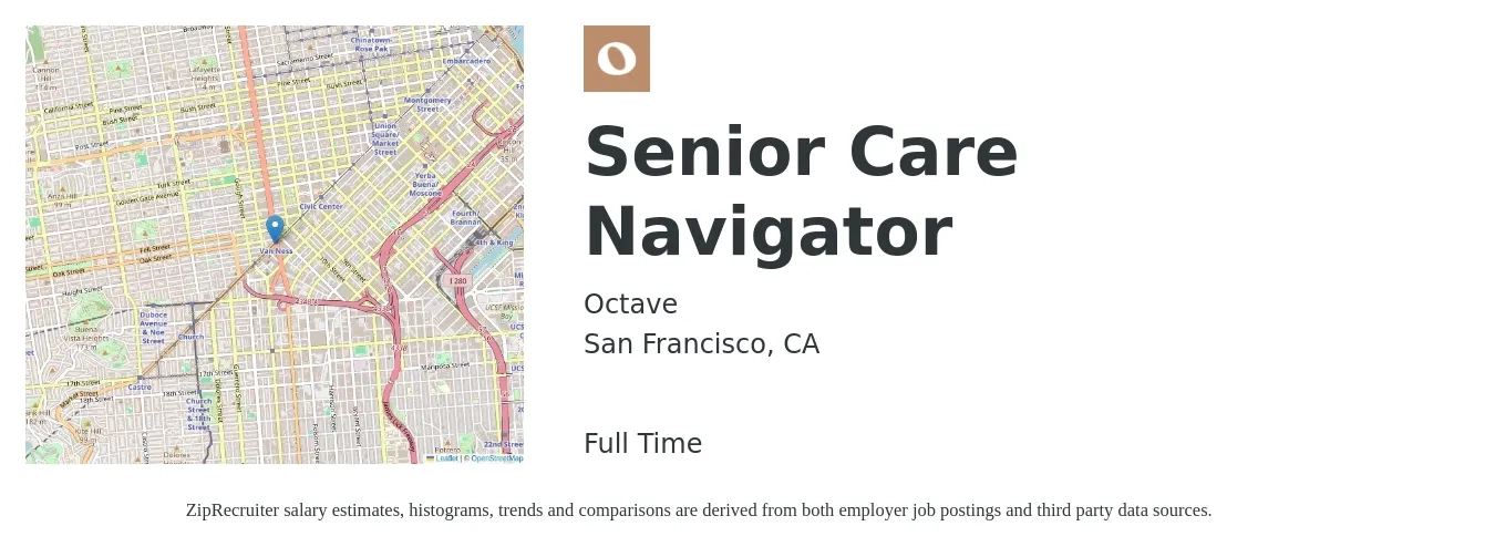 Octave job posting for a Senior Care Navigator in San Francisco, CA with a salary of $58,900 to $103,700 Yearly with a map of San Francisco location.