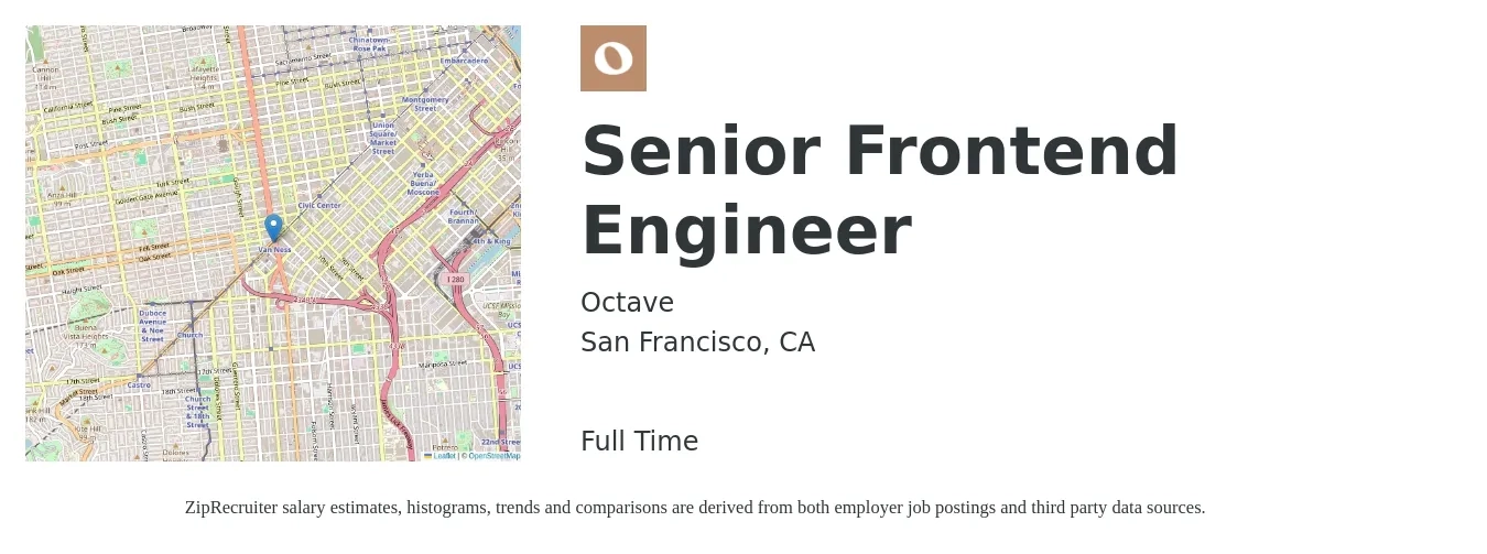 Octave job posting for a Senior Frontend Engineer in San Francisco, CA with a salary of $144,300 to $198,500 Yearly with a map of San Francisco location.