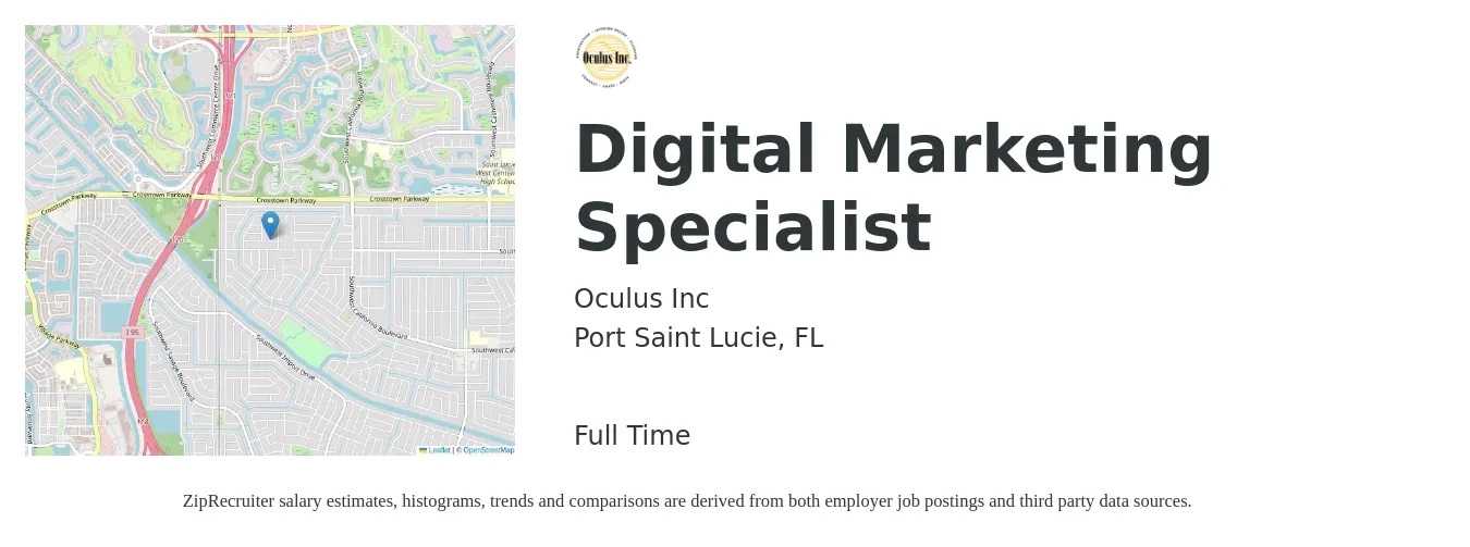 Oculus Inc job posting for a Digital Marketing Specialist in Port Saint Lucie, FL with a salary of $43,400 to $64,700 Yearly with a map of Port Saint Lucie location.